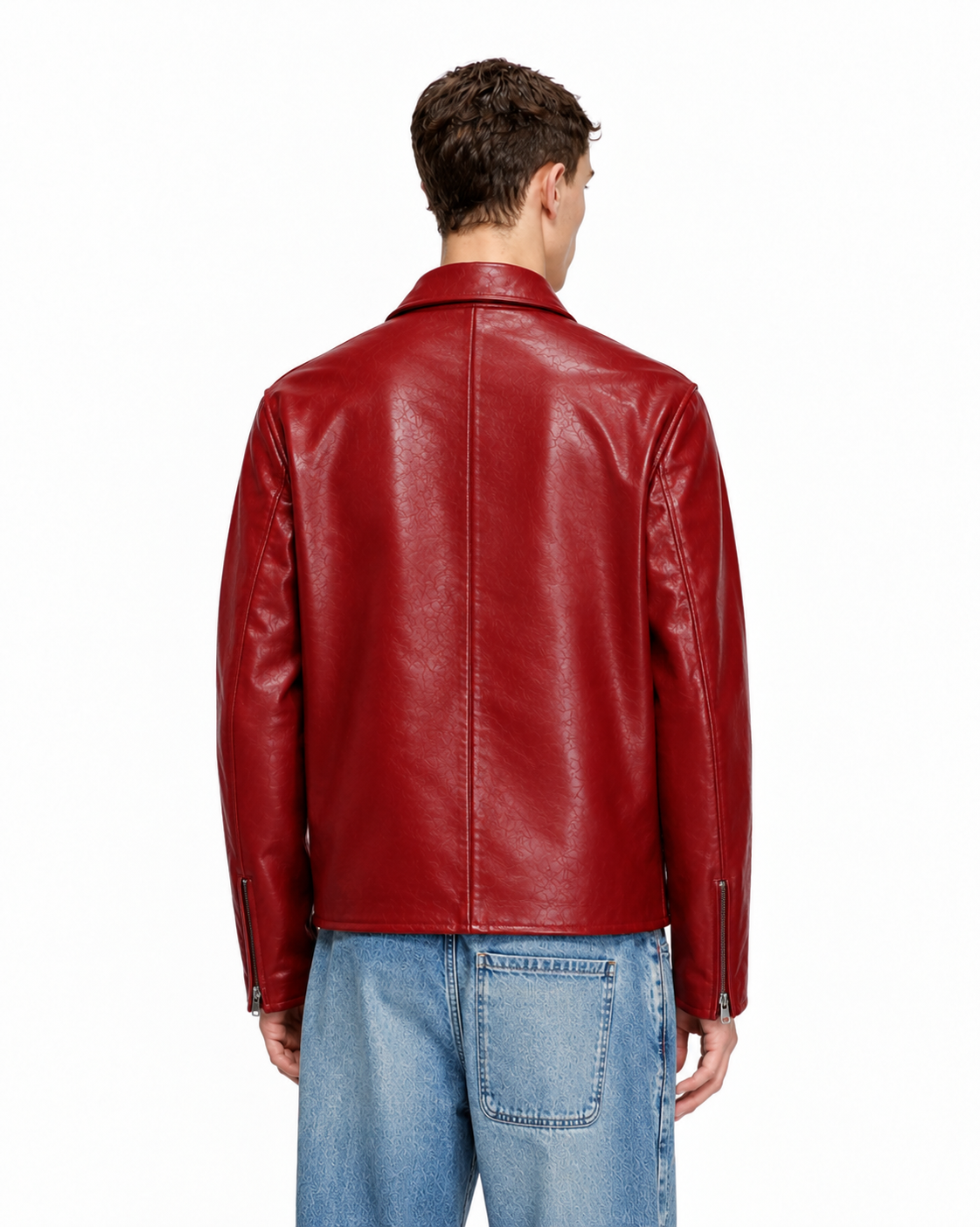 CHERRY RED PLAIN UNISEX COLLAR LEATHER JACKET