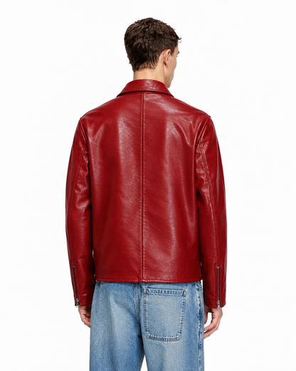 CHERRY RED PLAIN UNISEX COLLAR LEATHER JACKET