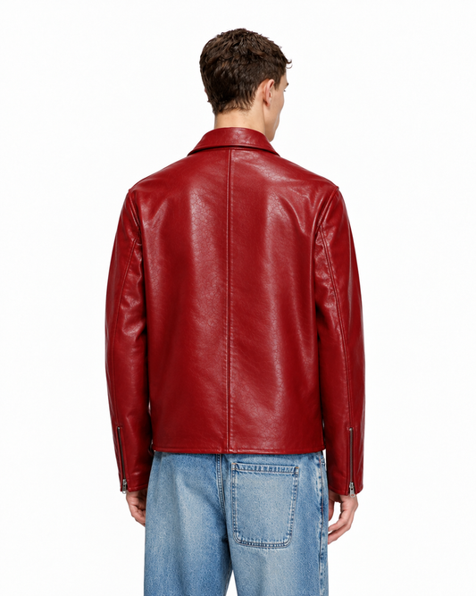 CHERRY RED PLAIN UNISEX COLLAR LEATHER JACKET