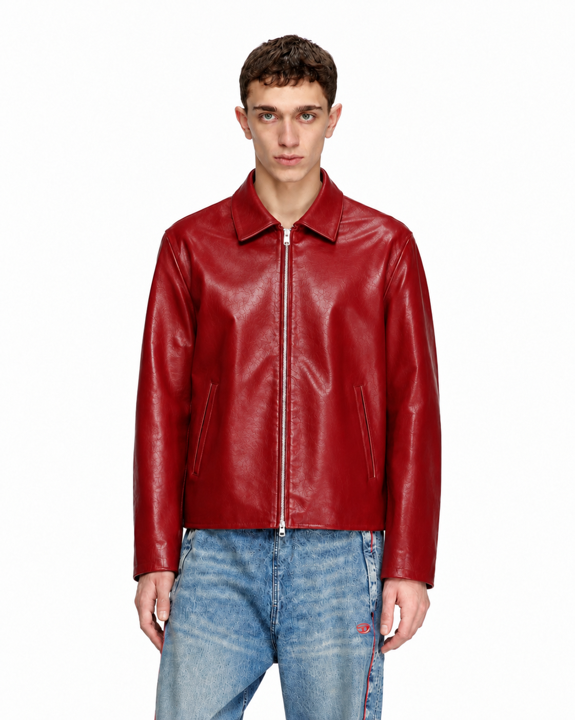 CHERRY RED PLAIN UNISEX COLLAR LEATHER JACKET