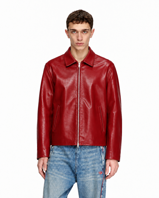 CHERRY RED PLAIN UNISEX COLLAR LEATHER JACKET