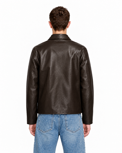 BROWN PLAIN UNISEX COLLAR LEATHER JACKET