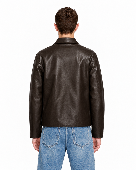 BROWN PLAIN UNISEX COLLAR LEATHER JACKET