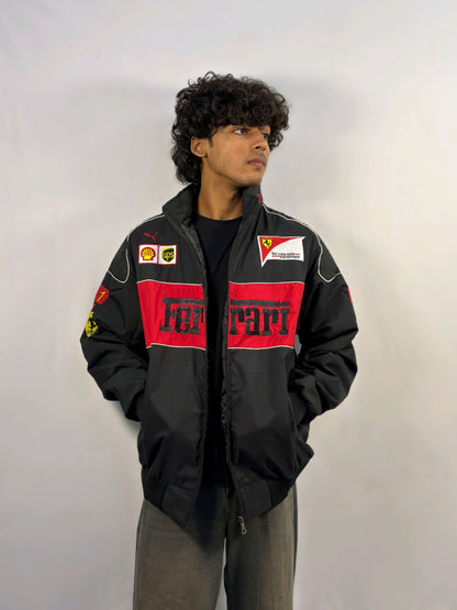 Racing Black Puffer Embroidery Unisex Jacket l stylestitch