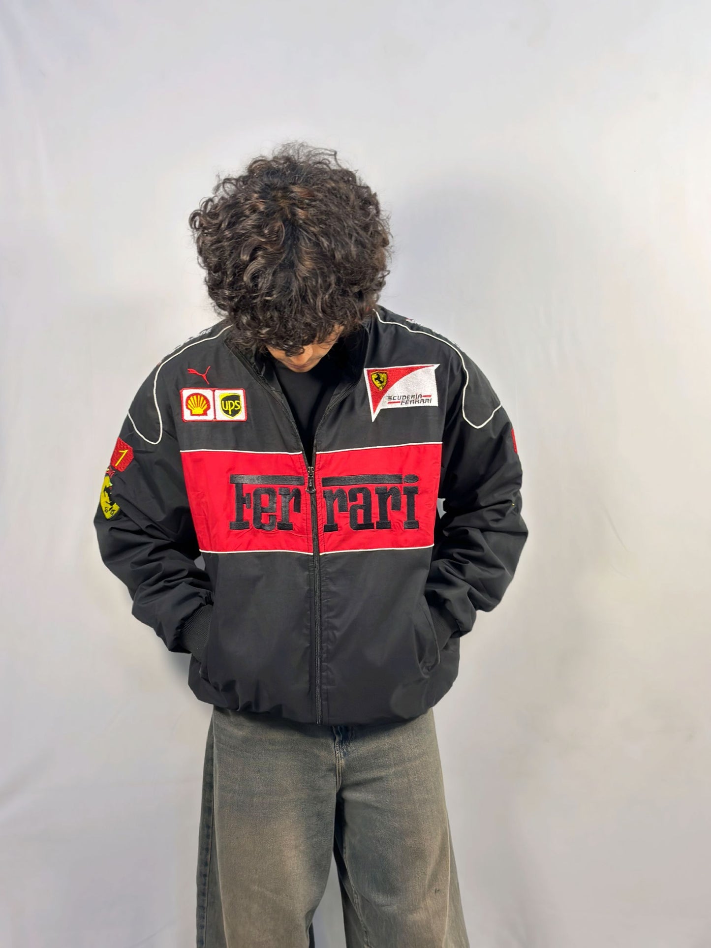 Racing Black Puffer Embroidery Unisex Jacket l stylestitch